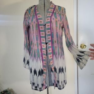 Silk pattern bell sleeve shawl cardigan blouse size small